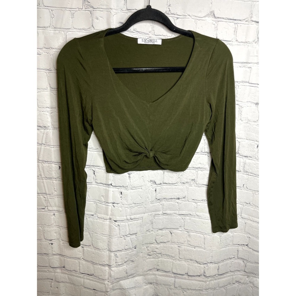 Lizabell Olive Green Long Sleeve Front Knot V-Neck Crop Top Small CP5057-P